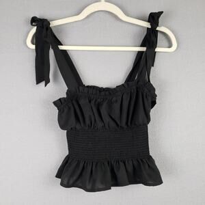 Forever 21‎ Size S Bow Strap Smocked Ruffle Blouse Black Mystical Renaissance